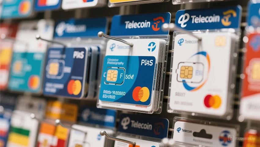 Presentatie van prepaid simkaarten in een telecomwinkel.