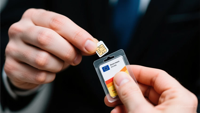 Persoon die zorgvuldig een nieuwe simkaart in de originele verpakking bewaart.