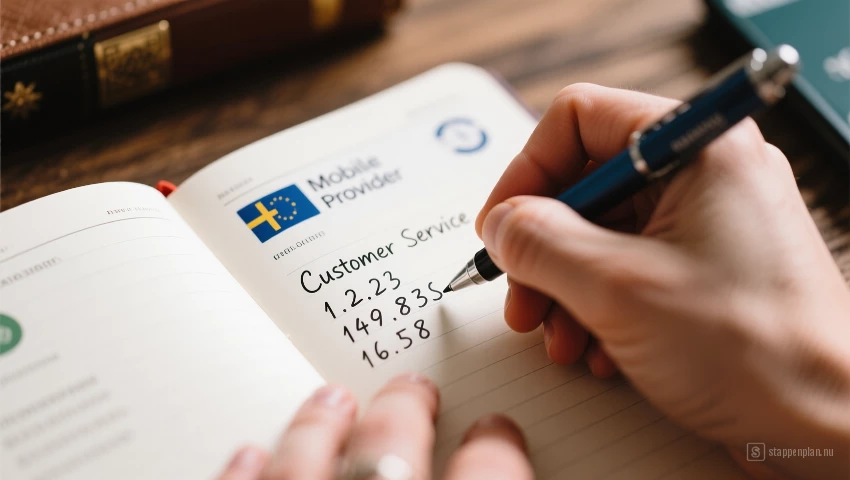 Persoon die het klantenservicenummer van een mobiele provider noteert in een reisdagboek.