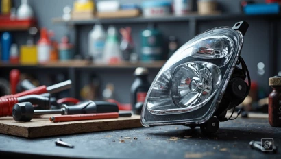 Schoon werkblad met gereedschap en nieuwe koplamp.