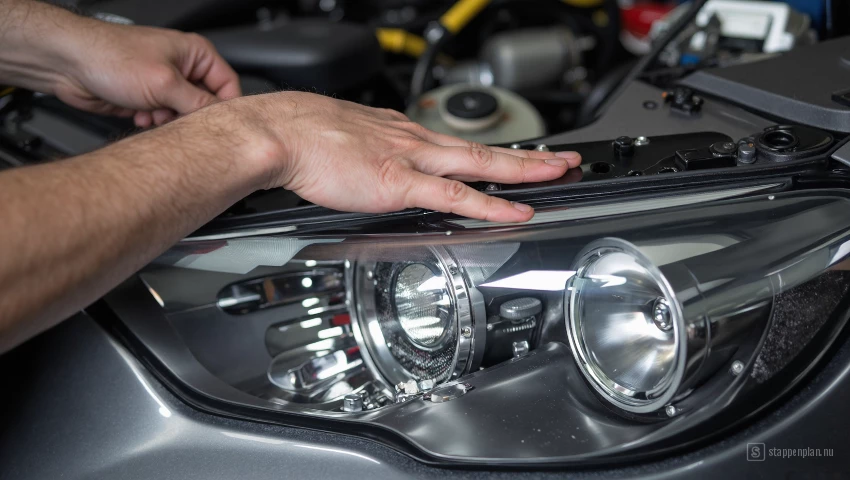 Monteur installeert koplampunit in motorruimte.