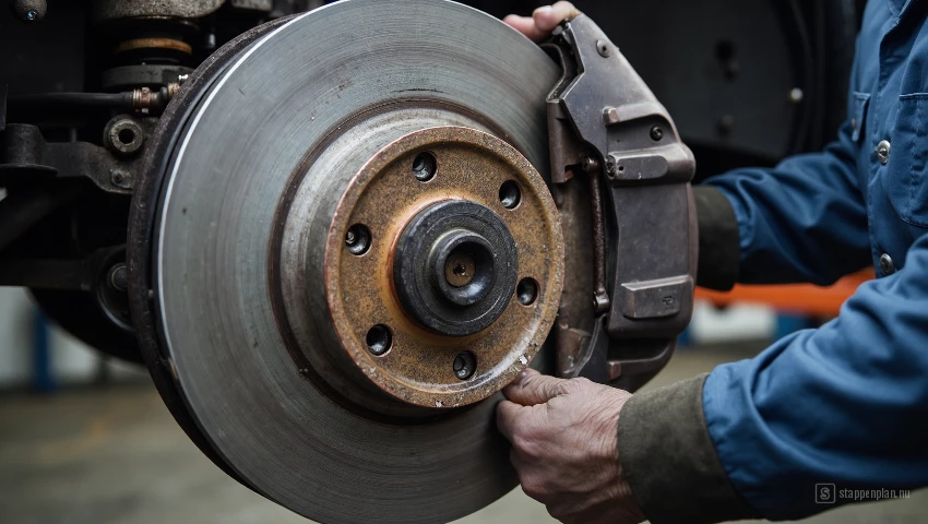 Autotechnicus die de bevestigingsschroeven van een oude remschijf verwijdert.