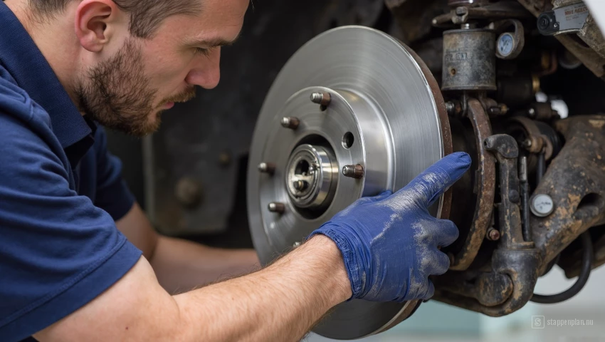 Autotechnicus die de vrije beweging van de remblokken in de remklauw controleert.