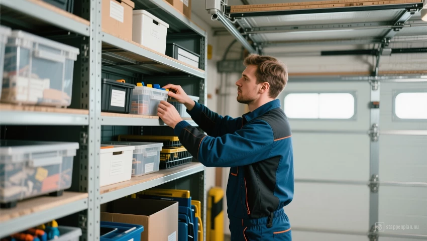 Iemand controleert een opslagsysteem in de garage