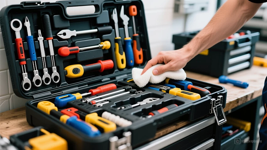 Georganiseerde gereedschapskist wordt schoongemaakt en onderhouden.