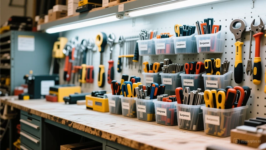 Werkbank met gereedschap gesorteerd in gelabelde containers.