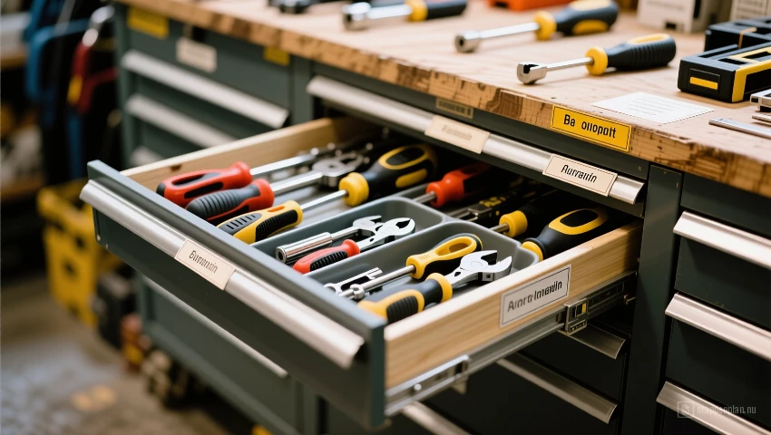 Lade met netjes gerangschikt gereedschap.