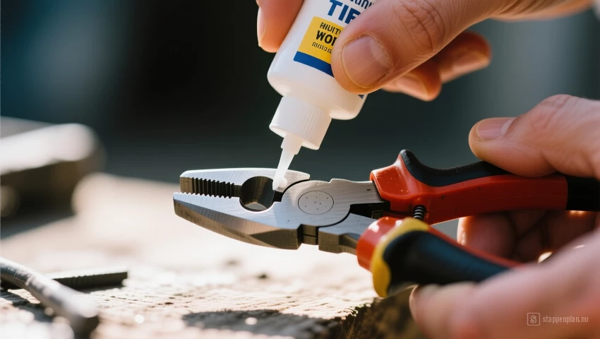 Hand smeert een tang.