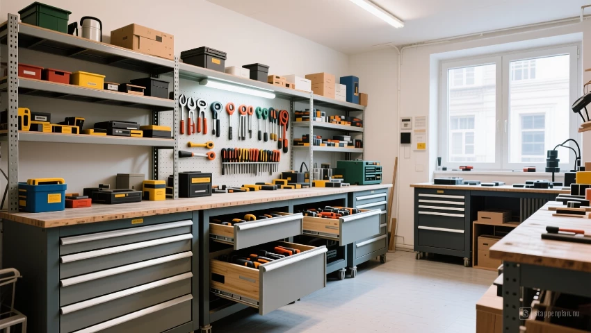 Georganiseerde werkplaats met gereedschap in lades en op planken.