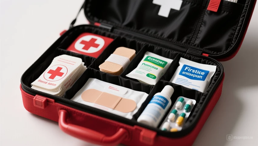 Georganiseerde EHBO-kit met basisbenodigdheden.