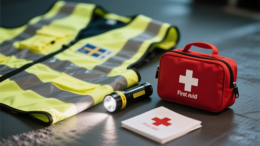 Veiligheidshesje en flitslamp bij EHBO-kit.