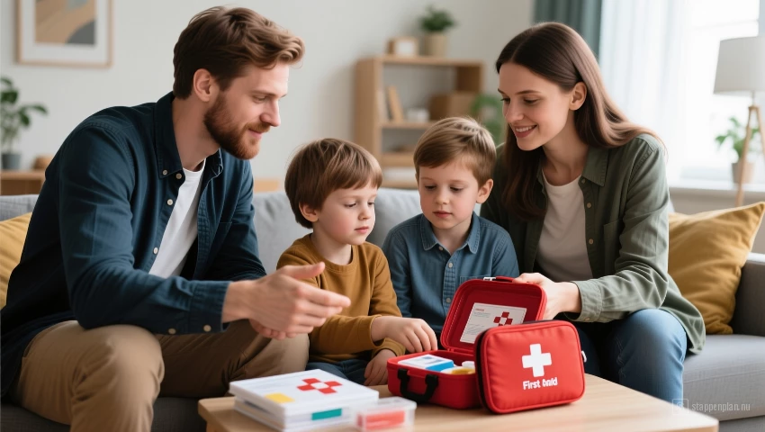 Familie bespreekt locatie en inhoud EHBO-kit.