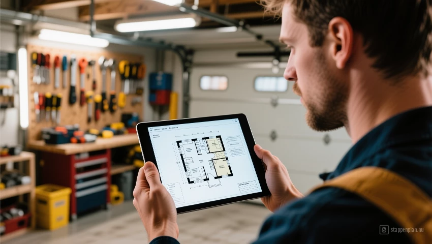 Iemand bekijkt een garage indeling op een tablet