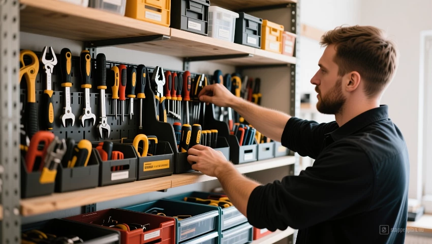 Iemand plaatst gereedschap op een georganiseerde plank