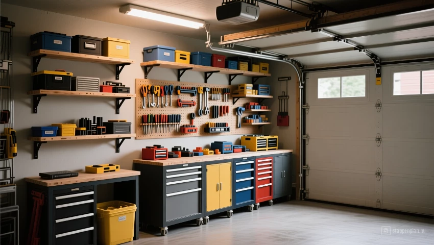 Een garage met verschillende opbergoplossingen