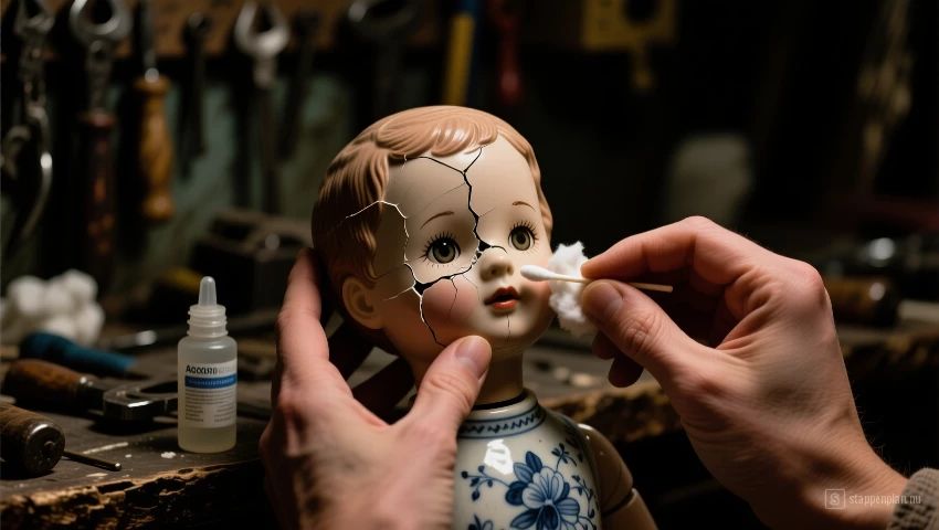 Handen reinigen een porseleinen popgezicht.