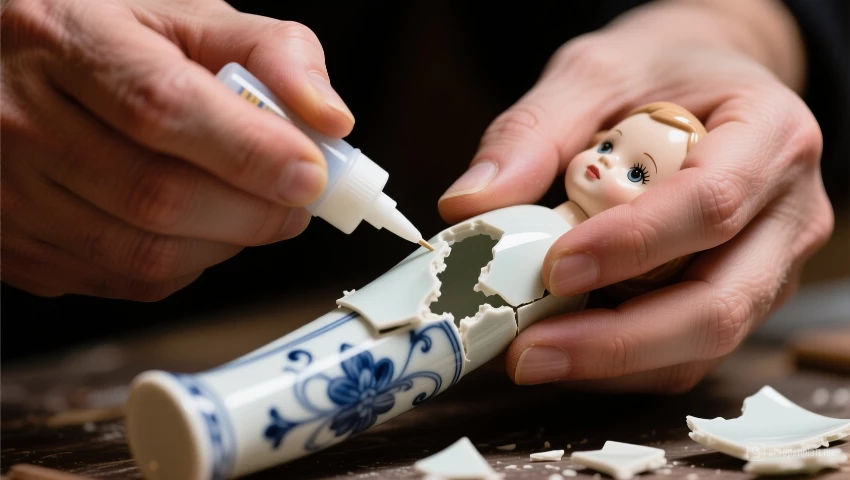 Handen lijmen een porseleinen poparm.