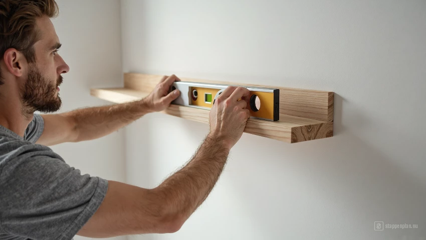 Iemand gebruikt een waterpas om een plank recht te hangen