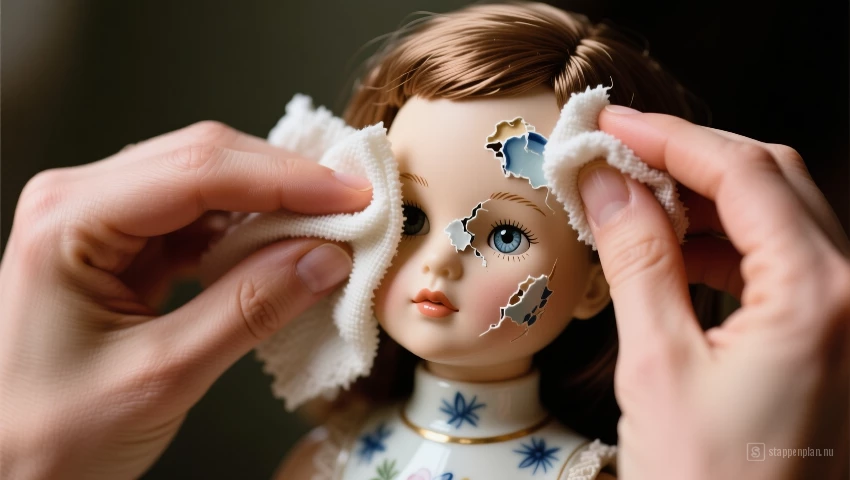 Handen vegen overtollige verf weg van een porseleinen gezicht.