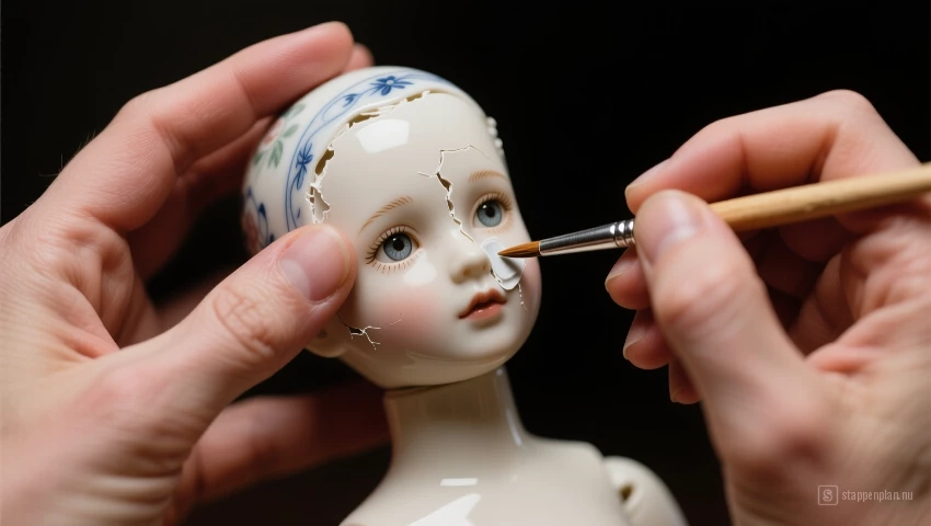 Handen retoucheren een porseleinen popgezicht.