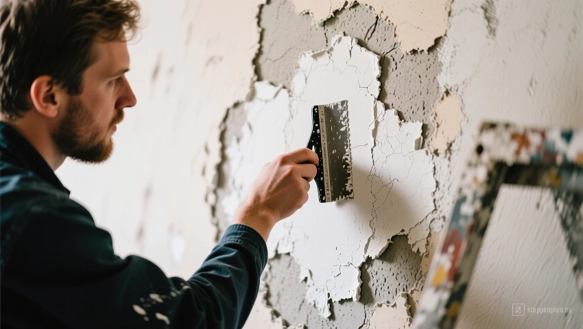 Persoon die oude verf van een muur schraapt.