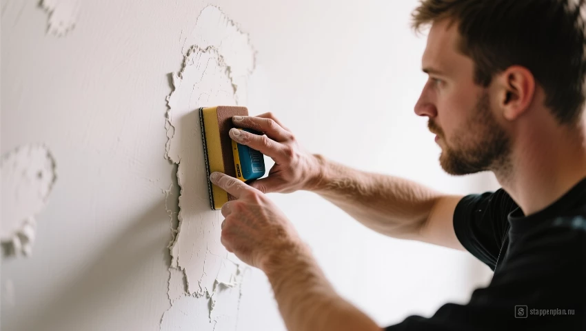 Persoon die een schuurblok gebruikt om een muur glad te maken.