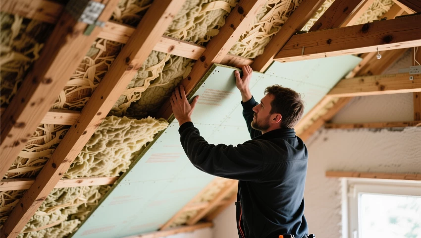 Man installeert isolatieplaten op het schuine dak