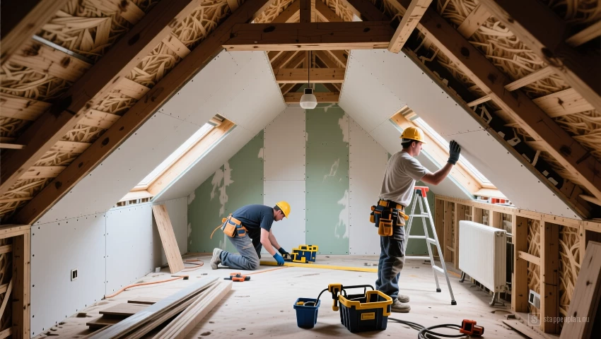 Gipsplaten worden op de muren en het plafond van de zolder bevestigd.