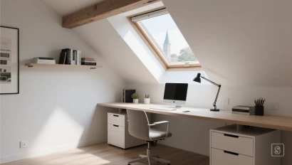 Minimalistische zolderwerkplek met een bureau bij een dakraam.