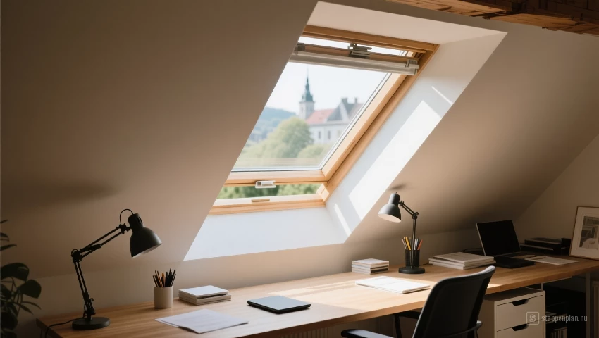 Een open zolderraam waardoor natuurlijk licht en frisse lucht kunnen circuleren, waardoor een lichte en luchtige werkplek ontstaat.
