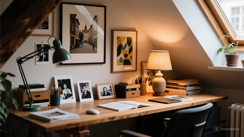 Een close-up van een bureau in een zolderwerkplek met persoonlijke details, zoals foto's, kunstwerken en een gezellige lamp.