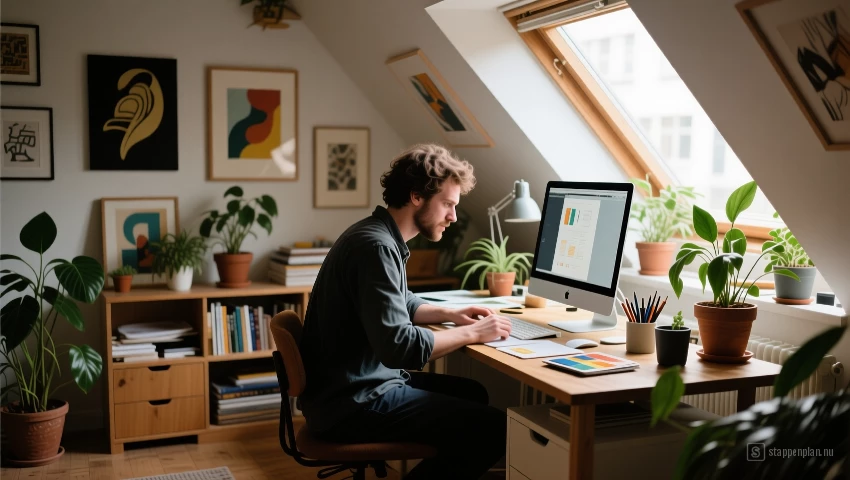 Een persoon die aan een bureau werkt in een zolder-kantoor met natuurlijk licht, planten en kunstwerken, die creatief en gemotiveerd lijkt.