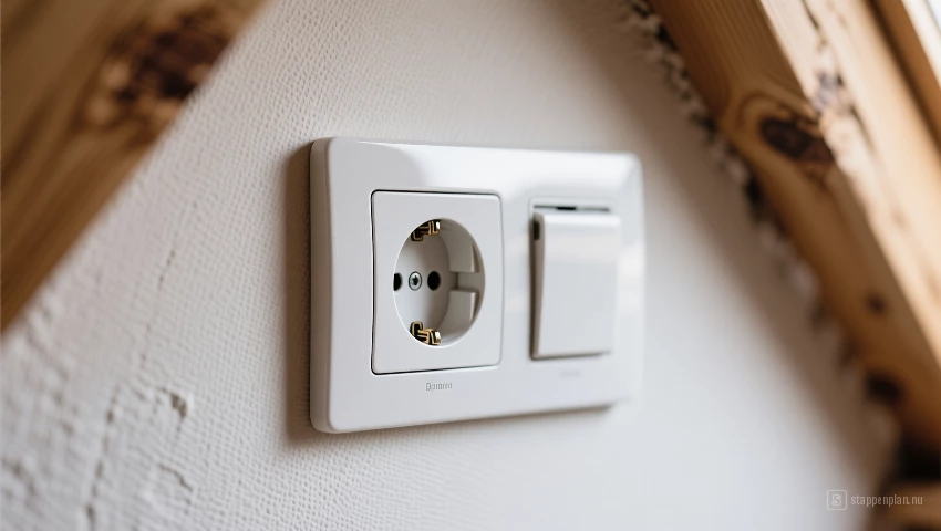 Een close-up van een modern stopcontact dat op de zolderwand is geïnstalleerd.