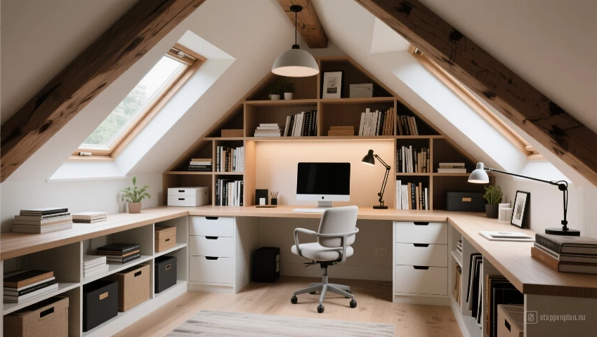 Een zolder-werkplek met ingebouwde opbergoplossingen die de ruimte en functionaliteit maximaliseren.
