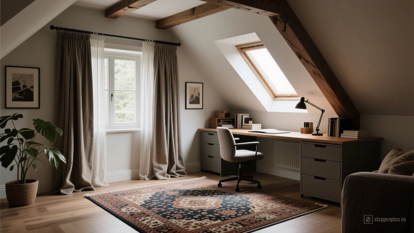 Een zolderwerkplek met een tapijt en gordijnen, die een comfortabele en rustige sfeer creëren.