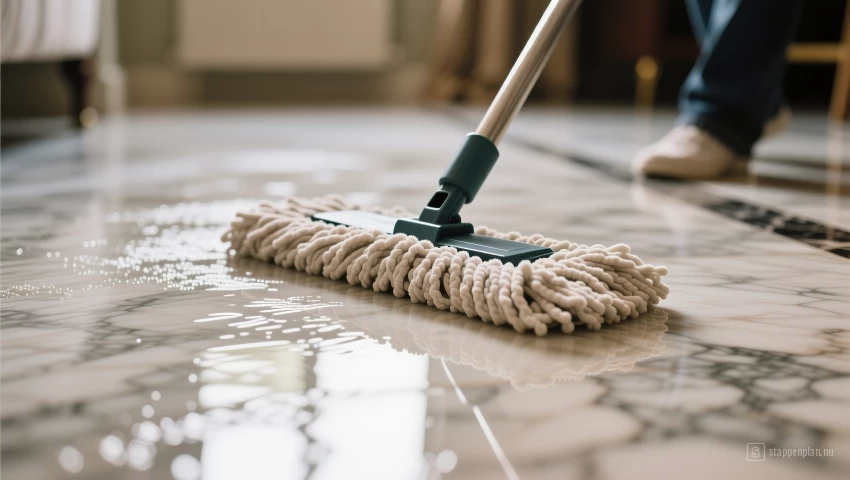 Close-up van een zachte dweil die over een marmeren vloer gaat.