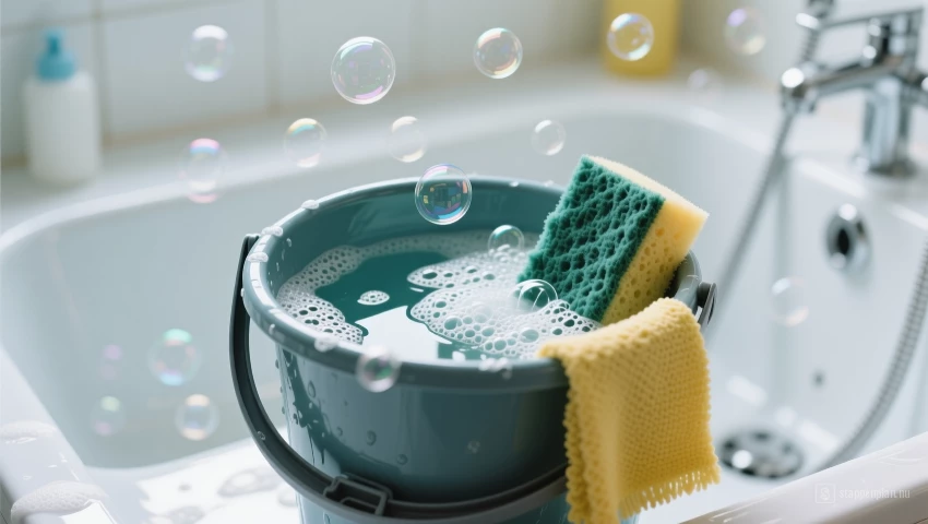 Emmer met reinigingsoplossing en spons.