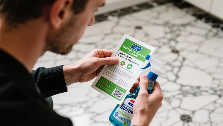 Iemand leest zorgvuldig het etiket van een reinigingsmiddel.