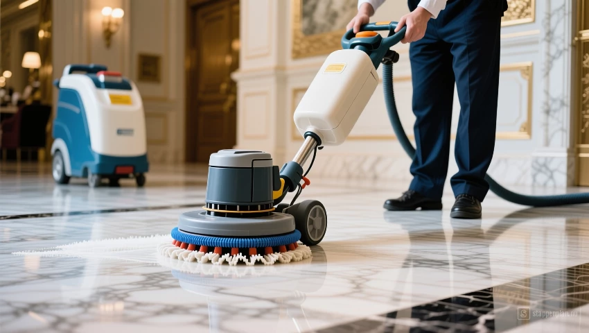 Professionele schoonmaker die een marmeren vloer schoonmaakt met gespecialiseerde apparatuur.