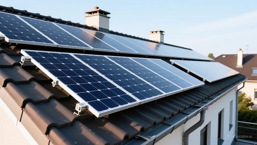 Rij zonnepanelen op het dak.