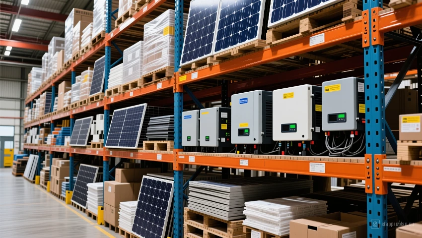 Magazijn met zonnepanelen en componenten.