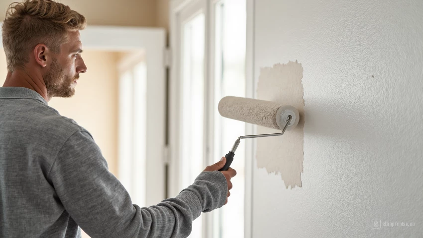 Persoon die primer aanbrengt op een muur met een verfroller.