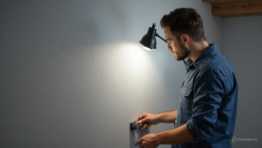 Persoon die een geschilderde muur inspecteert op imperfecties.