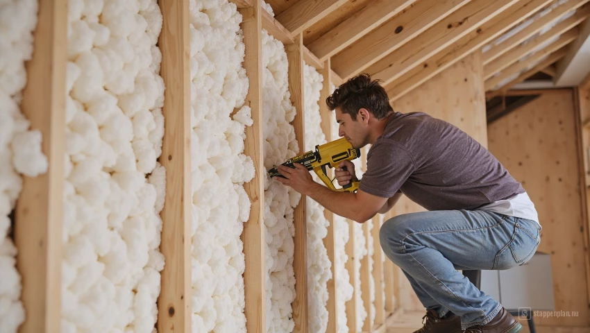 Man gebruikt een nietpistool om isolatie aan de zolderwand te bevestigen