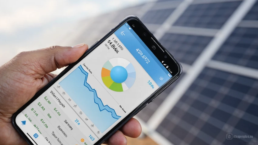 Smart phone met zonnepaneel monitoring app.