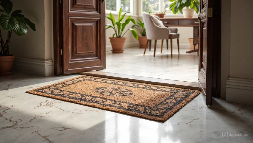 Deurmat bij de ingang van een huis met een marmeren vloer.