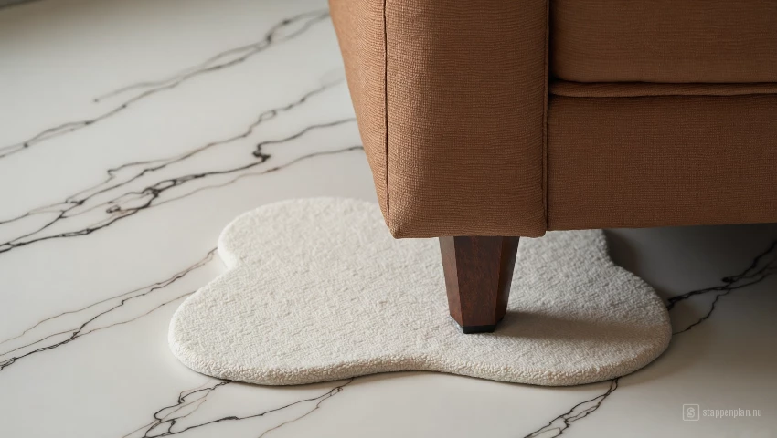 Close-up van een viltje onder de poot van een stoel op een marmeren vloer.