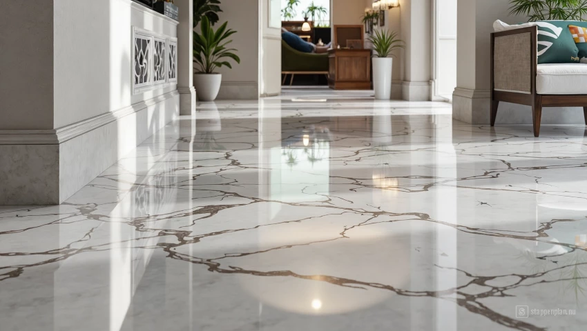 Gepolijste marmeren vloer met een spiegelende glans.