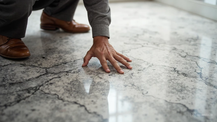 Iemand inspecteert een marmeren vloer op krassen en vlekken.