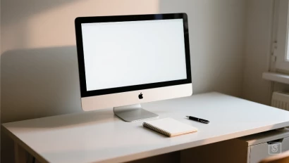 Opgeruimd bureau met lege laptop